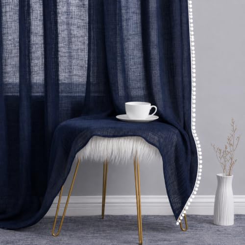 Image of THE LINEN COMPANY Cotton Linen Solid Curtain Set with Eyelet Rings (Dark Blue, Door- 7.5 Feet)
