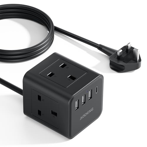 Extension Lead with 4 USB Slots, 4 Way (13A/3250W) Multi Plug Extension Cable, UK Desktop Power Extension Cord with Multi Socket, 1.5M Extension Cable (black, 3M)