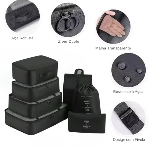 Kit 7 Organizadores de Mala, Bolsa Organizadora Viagem, Necessaire Mala, Organizador Bagagem (Preto)
