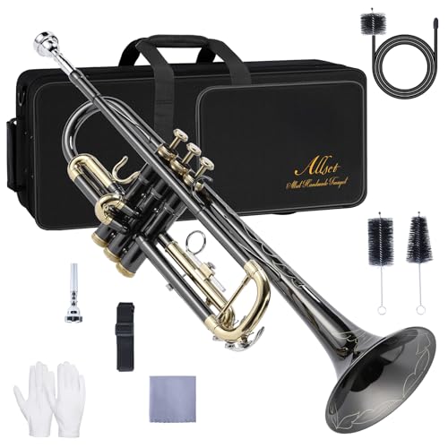 Image of ALLSET Bb Standard Trumpet Set for Beginners - Brass Trumpet Kit with Musical Instruments Case, Mouthpiece, Cleaning Cloth, Valve Brushes - Trompeta for Student Band & Orchestr (Gold & Black)