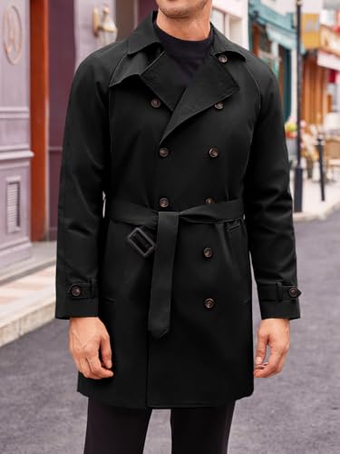 Runcati Mens Trench Coat Double Breasted Mid Long Jacket Casual Belted Overcoat Notched Lapel Windbreaker3