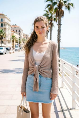 Image of Simple&Opulence Women's Bolero Shrugs Sheer Tie Front Mesh Cardigan Long Sleeve Lightweight Summer Sweater for Dresses