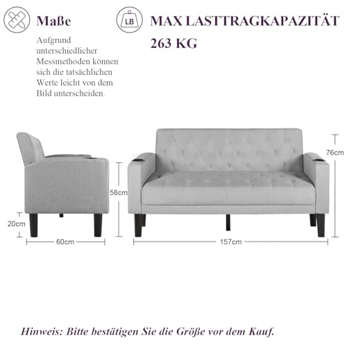 GRAVFORCE Sofa 2 Sitzer Couch mit 2 Ladeports und 2 Becherhaltern 157cm 2er Sofa Klein für Jugendzimmer, Wohnzimmer, Wohnung, Büro, Einfache Montage Stoff Hellgrau