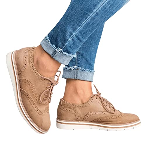 Women's Perforated Lace Up Oxfords Wingtip Brogue Walking Shoes Vintage Faux Suede Low Top Comfort Casual Shoes Khaki #TOP2