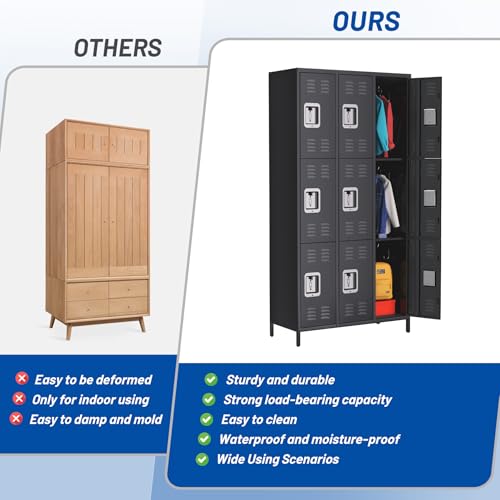 GarveeHome 9 Doors Metal Office Storage Cabinet, Metal Lockers for Employees with 27 Hooks and 9 Shelves, 72 Inch Tall Steel Storage Cabinet Locker for Home, Office, Gym, School, Black