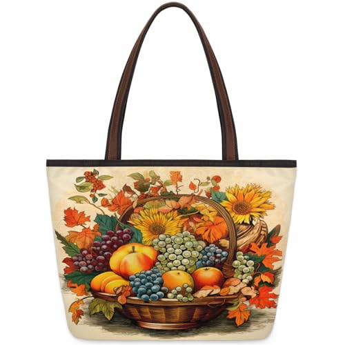 Fruit Basket Apples Grapes Sunflowers Tote Bag Multi Pocket Zippered Beach Bag Lightweight Waterproof Handbag for Women Men Work Gym Travel Swimming Yoga Grocery Shopping M