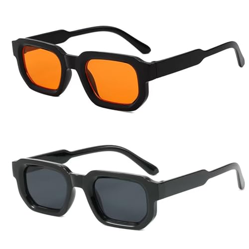 Image of aieieii 2Pcs Rectangle Square Sunglasses Womens Men, Vintage Square Frame Sun Glasses with UV400 Protection, Black Lens & Orange Lens sunglasses for Party Travling Daily Wear