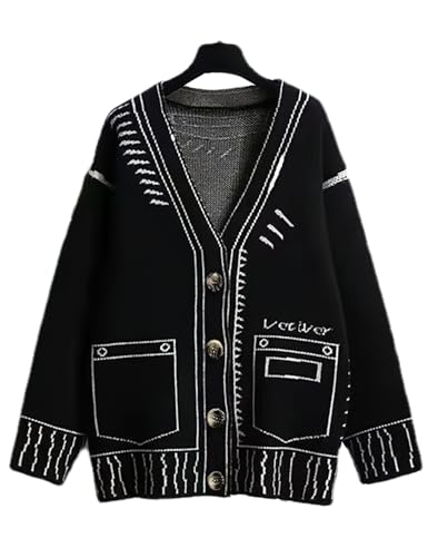 Image of Women Print Graffiti Unique Cardigan Sweater Y2k Fake Pocket Long Sleeve Button Up Open Front Knit Sweaters Coat