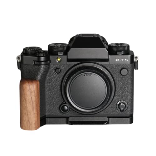 Fujifilm X-T5 XT5 専用 カメラウッドグリップ 高級檀木材 木製ハンドル メタルベース L型グリップ ハンドメイド カメラケージ 電池交換可能 (赤茶色+ブラック)