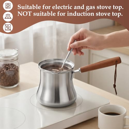 Cafetera turca de acero inoxidable de 550 ml, jarra de leche y mini olla con mango madera 5