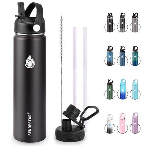 SENDESTAR Insulated Water Bottle 24 OZ, Wide Mouth 24 oz Water Bottle with Straw Lid, Spout Lid, Double Wall Vacuum Stainless Steel Leak Proof, Keeps Liquids Hot or Cold (Black)