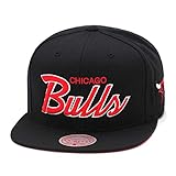 Mitchell & Ness Chicago Bulls Snapback Hat for Men - Black/Red Script - NBA Basketball Cap for Men