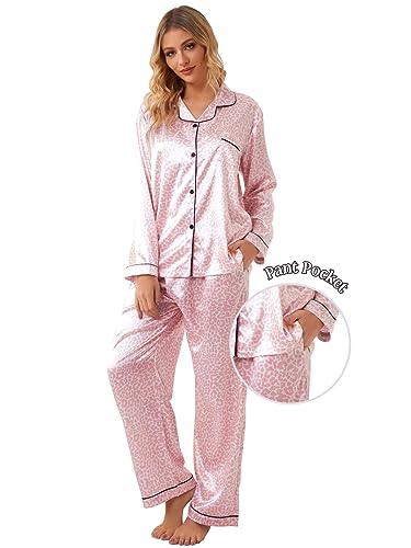 Image of Schbbbta Girls & Women Satin Pajamas Set, 2Piece Silk Nightwear Button-Down Sleepwear for Teen Kids, 3 Years - Women XXL