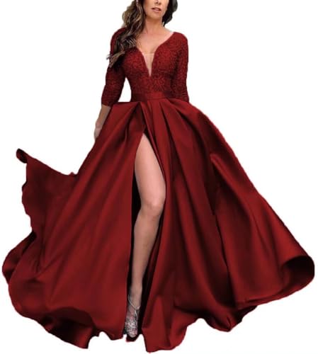 Prom Dresses with Slit Pocket V Neck Lace Long Ball Gown 3/4 Sleeves Satin Formal Party Gowns