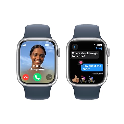 Image of Apple Watch Series 9 [GPS + Cellular 41mm] Smartwatch with Silver Aluminum Case with Storm Blue Sport Band S /M. Fitness Tracker, Blood Oxygen & ECG Apps, Always-On Retina Display, Water Resistant