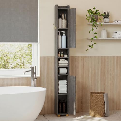 Image of Tangkula Narrow Bathroom Cabinet, 69.5 inch Tall Storage with 2 Doors & Adjustable Shelves, Toilet Paper Rod & Side Hook, Anti-toppling Design, Slim Floor Cabinet for Small Spaces (Gray, 1 Pack)
