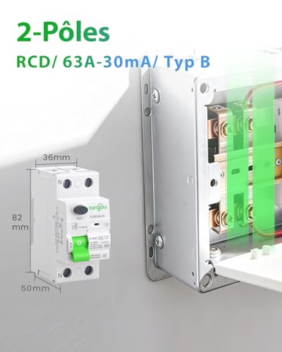 TONGOU Disjoncteur Différentiel 30mA 63A Type B 230V 1P+N - Conçu pour les Bornes de Recharge de Véhicules Électriques et les Systèmes Photovoltaïques – vue 7