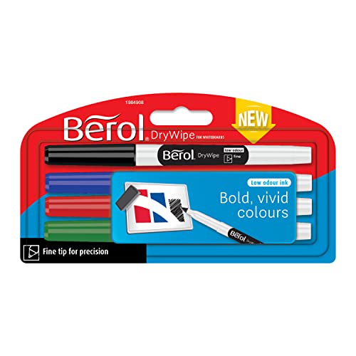 Berol Dry Wipe Whiteboard Marker Pens | Fine Tip | Black Low-Odour Ink | 4 Dry Erase Markers