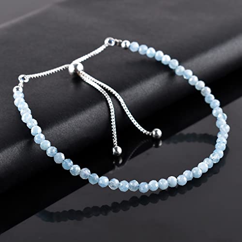 Zembience Natural Blue Aquamarine Gemstones Bolo Bracelet, Micro-Faceted Beads, Energy Healing Crystals, Silver Plated, Adjustable Box Chain, March Birthstones, Women Jewelry, Christmas Gift, 10" #TOP1