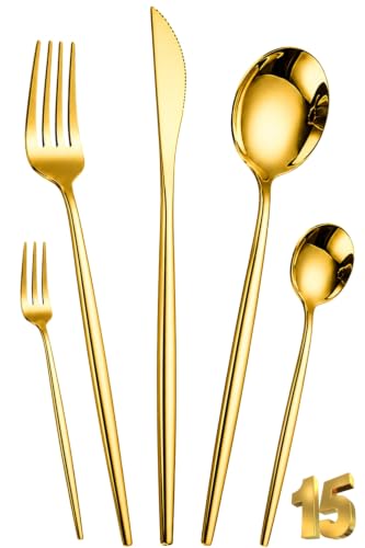 Image of Slim Handle Gold 15 Pcs Stainless Steel Cutlery Set for Dining Table, Dishwasher Safe Glossy Flatware (3 Spoon Set+3 Forks Set+3 Butter Knife+3 Dessert Spoon+ 3 Fruit Fork)