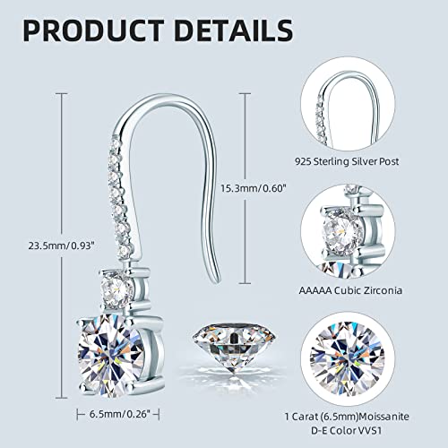 Ainuosh Moissanite Dangle Earrings For Women, 925 Sterling Silver Moissanite Diamond Earrings 1Ct D-E Color, 18K White Gold Plated, Hypoallergenic, Jewelry Box Packed #TOP4