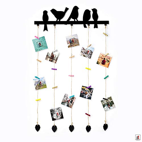 Image of Art Street Birds Design MDF Plaque Clip Rectangular Photo Collage Hanging Wall Mount Frame with Wooden Clips (Black, 18.5 x 32 Inches)