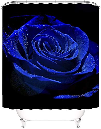 Camille&Andrew 4Pcs/Set Dewy Royal Blue Rose Shower Curtain, Valentine's Day Gift Elegant Floral Romantic Flower Bathroom Decor, Fabric Bath Curtain Non-Slip Bath Rugs Toilet Carpet Bathroom Mat, Blue #TOP2
