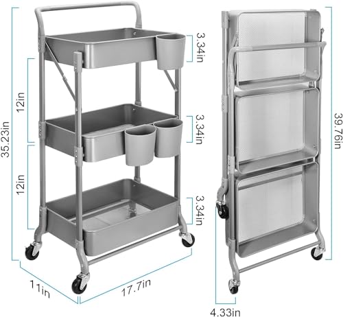 Shrivee Plegable Carrito Auxiliar con Ruedas 3 Niveles ExtraíBle Estrecho Carro de Almacenamiento para Cocina Baño Jardin (Gris) - imagen 5