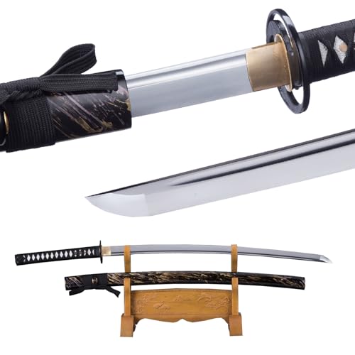 CANGDT Katana Sword, Traditional Handmade Sword, Real 9260 Spring Steel Full Tang Katanas, Authentic Japanese Samurai Swords, for Practice, Training, Performance and Collection (Black)
