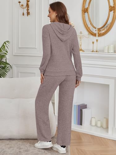 LILLUSORY Women 2 Piece Lounge Pajamas Sets Ribbed Knit Long Sleeve Sweater Hoodies Pants Matching Set 2025 Fall Outfits4