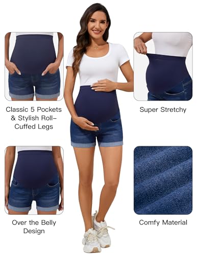 Image of PACBREEZE Women's Maternity Jean Shorts Over Belly Stretch Denim Shorts Trendy Summer Pregnancy Clothes