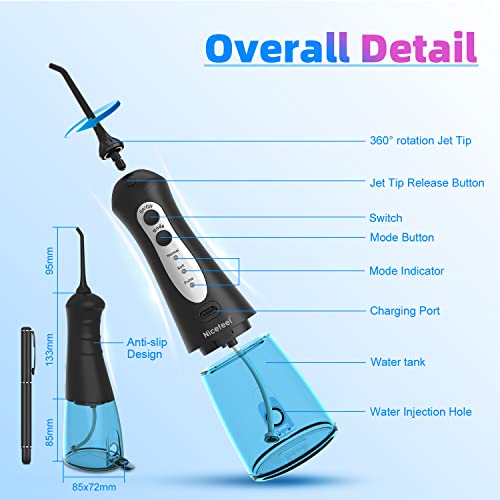 Cordless Water Flosser Teeth Cleaner, Nicefeel 300ML Portable and Rechargeable Oral Irrigator for Travel, IPX7 Waterproof, 3-Mode Water Flossing with 4 Jet Tips for Family - Image 3