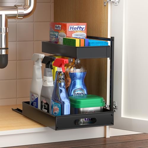 Sorbus Under Sink Organizer with Sliding Tracks – Pull Out Cabinet Organizer with Drawer & Installation Rails – Under Cabinet Bathroom Storage Organizer for Kitchen, Pantry, or Vanity –Black 1 Pack