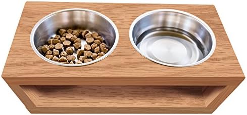 TFKitchen Unfinished Solid Oak Wood Elevated Dog and Cat Pet Feeder, Double Bowl Raised Stand (2 Quart), 3/4" Thick, 18" x 10" x 10" Tall