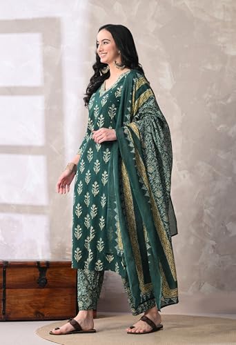 Image of MEERA FAB Women Floral Printed Sequined Cotton Straight Kurta with Palazzos & Dupatta | Sanganeri Print