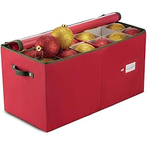 ZOBER Large Christmas Ornament Storage Box – Stores 54 Ornaments W/Dividers – Non-Woven, Durable Christmas Storage Containers – Dual Zipper – Red