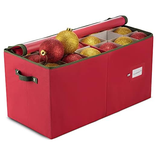 ZOBER Large Christmas Ornament Storage Box - Stores 54 4" Large Ornaments, With Dividers - Ornament Organizer Storage Box, Durable Christmas Containers Holder, Dual Zipper - Red