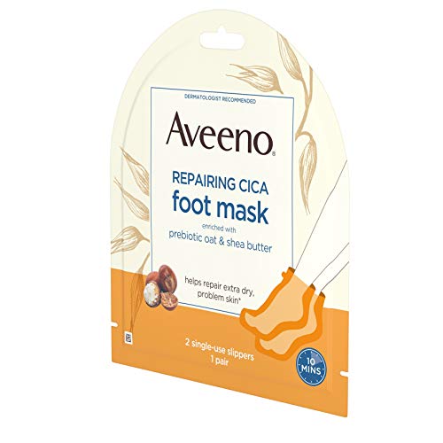 Aveeno Repairing Cica Foot Mask With Prebiotic Oat And Shea Butter, Moisturizing Foot Mask For Extra Dry Skin, 2 Single-Use Slippers 1 Ea #TOP3