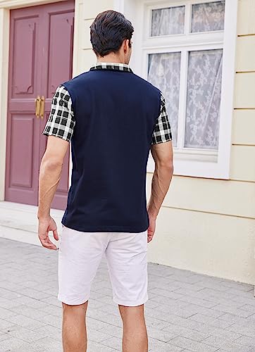 Coofandy Mens Casual Short Sleeve Polo Shirts Slim Fit Zipper Plaid Polo T Shirts Navy Blue #TOP2
