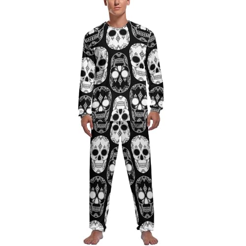 Vêtements de nuit homme pyjama manches longues ensemble pantalon imprimé crâne bicolore