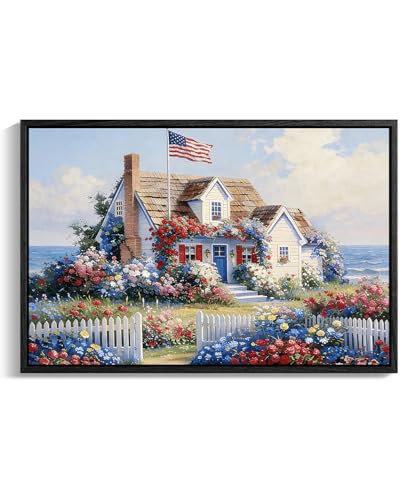 Image of American Flag Framed Canvas Wall Art, 4th of July Floral Canvas Prints, Summer Cottage Landscape Patriotic Decorations, Vintage Independence Day Wall Decor for Bedroom Living Room Office 20x24