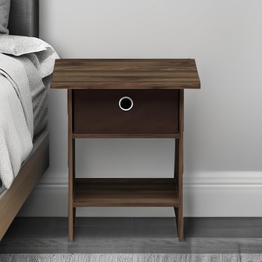 Image of Furinno Dario End Table / Side Table / Night Stand / Bedside Table with Bin Drawer, 1-Pack, Columbia Walnut /Dark Brown