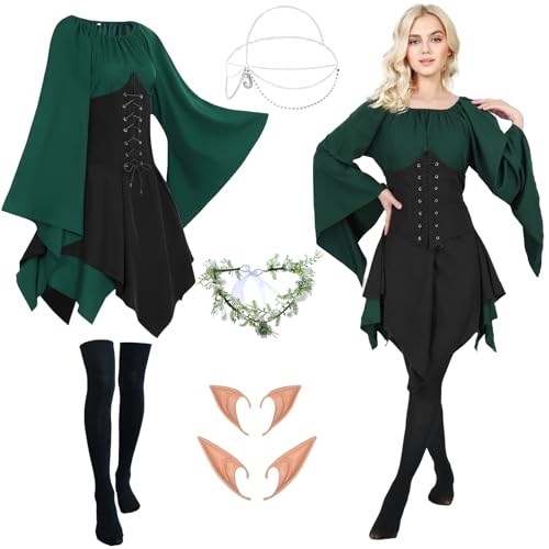 FOVER Ropa gótica medieval para mujer, vestido tradicional irlandés, renacentista, verde, carnaval, Halloween, disfraz de pirata, cosplay, disfraz con cadena, corona de flores, orejas de elfo,