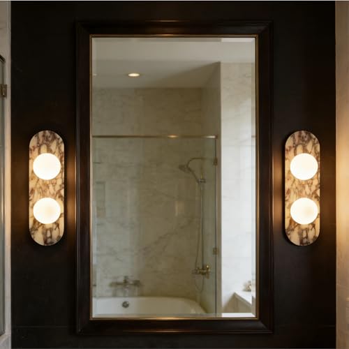 DLITISH 17.7 inch Natural Marble Wall Sconce, 2-Light Modern Alabaster Wall Lamp with Glass Shade, G9 Base Hardwired Stone Sconce Light for Bedroom, Living Room, Corridor, Bathroom, Entryway by DLITISH - Image 2