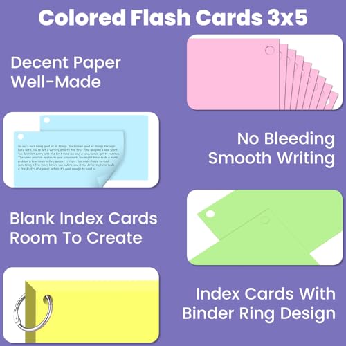 300 PCS Index Cards 3x5 in Blank Flashcards, 3x5 Cue Cards, Flash Cards with 6 Metal Binder Ring, Colored Paper Record, Study, Recipe Revision Flashcards for Taking Notes, Reminder image 2
