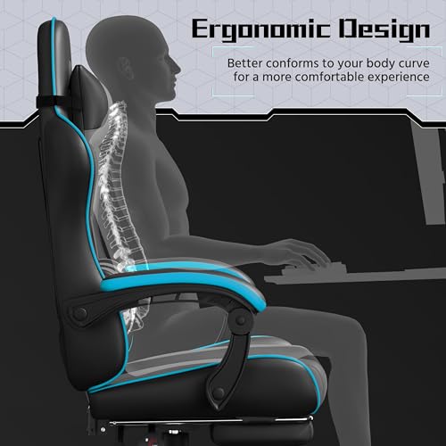 Sedia Gaming Ergonomica Massaggiante Reclinabile con Poggiapiedi Poggiatesta e Supporto Lombare Braccioli Imbottiti in Finta Pelle Poltrona Gamer da Scrivania con Ruote Girevole Grigio - Sedia gaming - Immagine 6