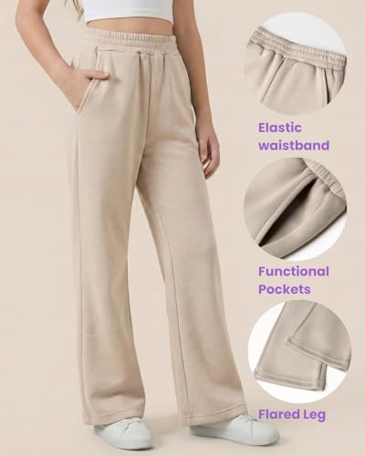 Image of WELAKEN Girls Sweatpants for Casual & Athletic - Kids Flared Pants Bell-Bottom Trousers with Pockets