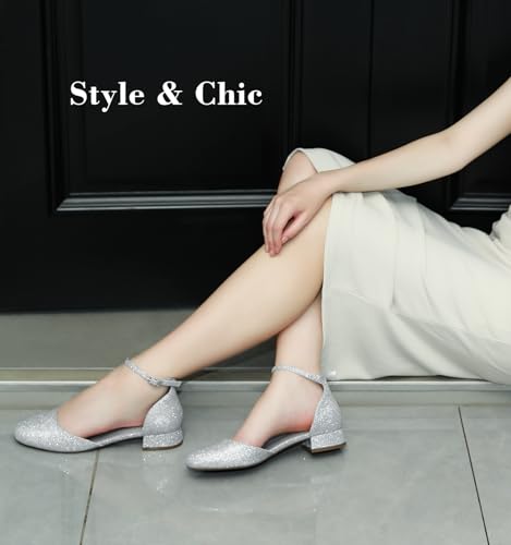 Image of Ankis Silver Closed Toe Heels for Women, 1 Inch Women's Flats Low Block Heel Women Dress Shoes Womens Pumps Work Shoes with Ankle Strap for Spring Fall