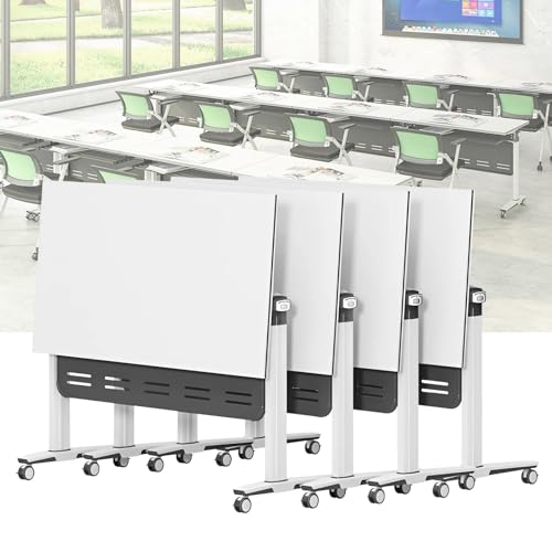 Moderno juego de mesa de conferencia, color blanco, paquete de 4 escritorios de oficina para sala de juntas, estaciones de trabajo móviles para computadora, muebles elegantes para sala de reuniones