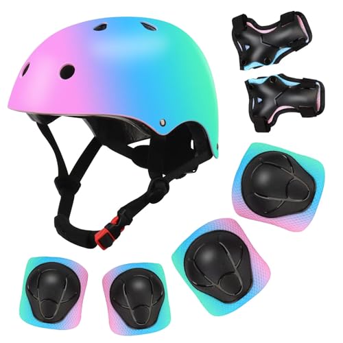 Image of Color Gradient Adjustable Kids Bike Helmet with Knee & Elbow Pads Set | Multi-Sport Safety Gear for Boys & Girls Ages 5-14 | Skateboarding, Scooters, Roller & Inline Skating, Longboarding